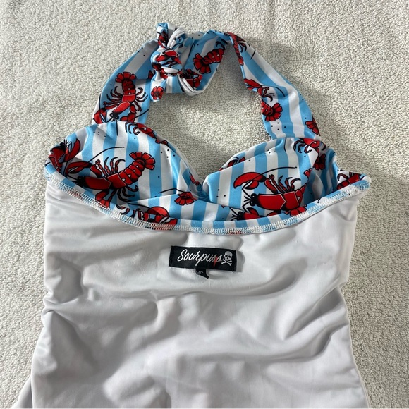 Sourpuss Blue White Striped Red Lobster Print One Piece Swimsuit Bathing Suit S - Picture 14 of 16